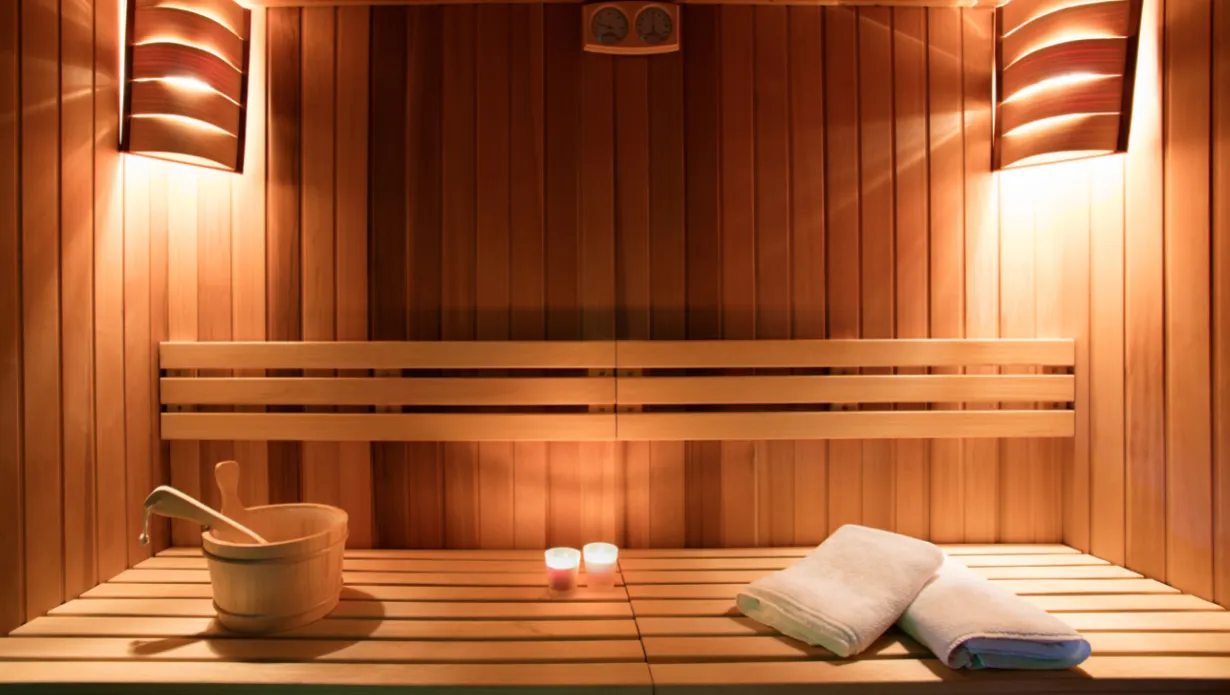 a beautiful sauna with lights