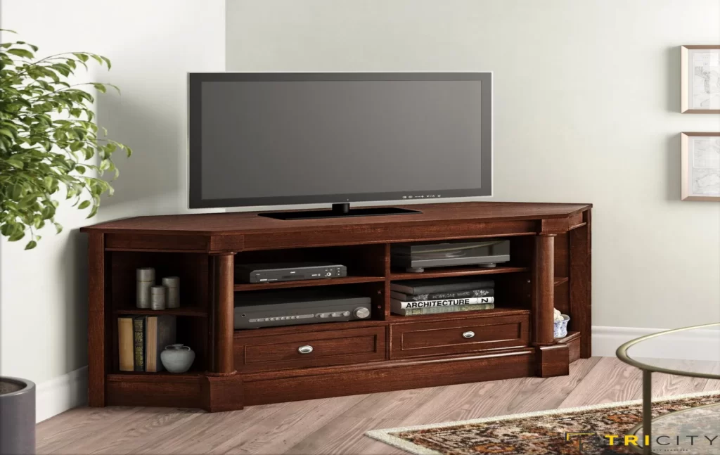 Corner wood TV showcase design