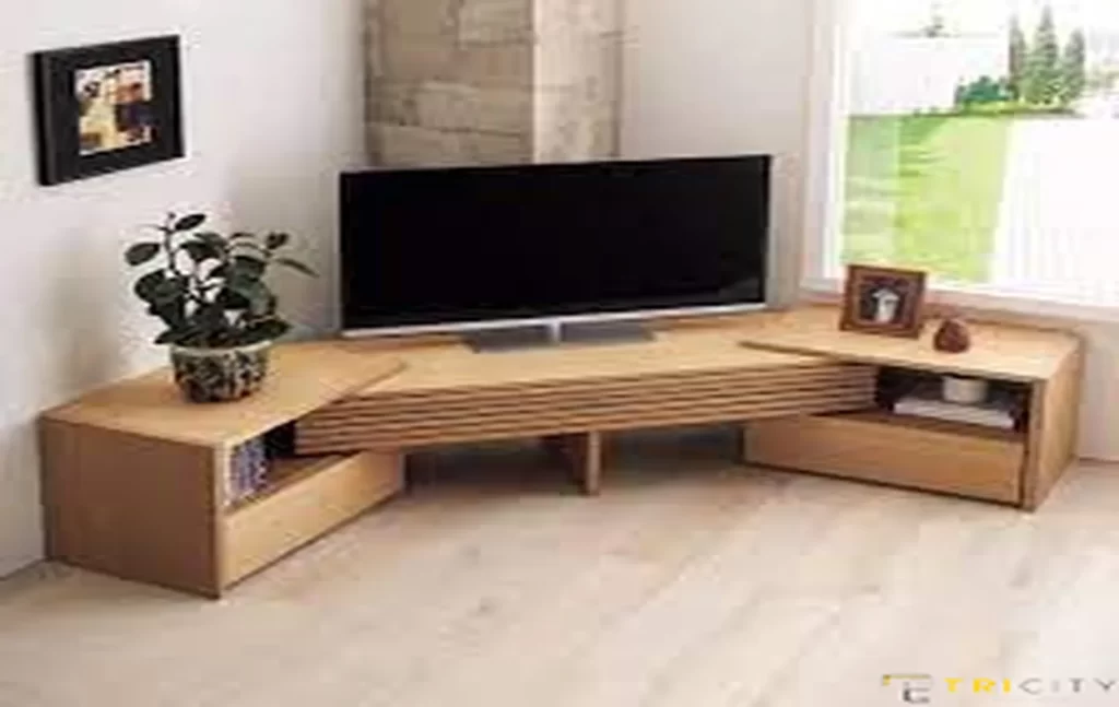 Corner wood TV showcase design