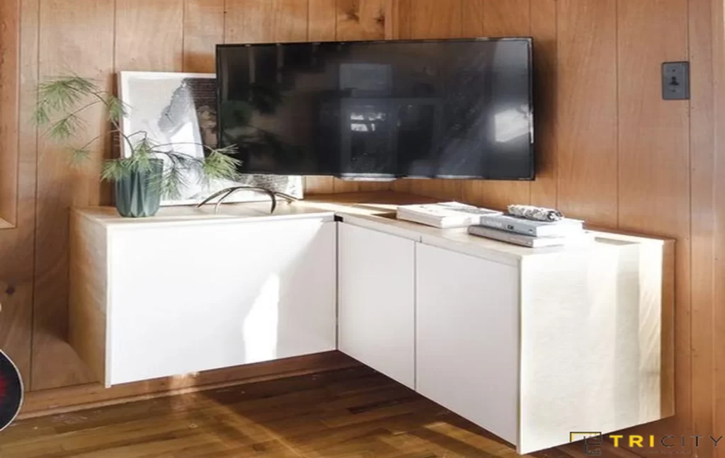 Corner wood TV showcase design