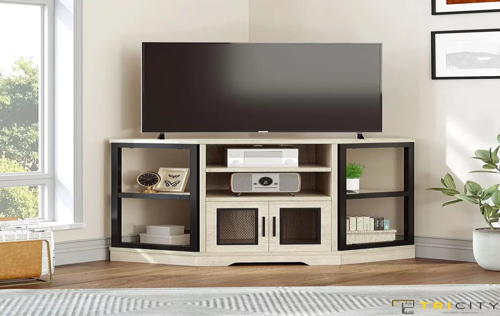 Corner wood TV showcase design