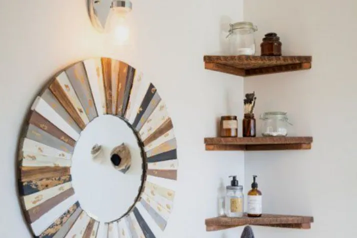 decorate corner bathroom shelves with crafted shelves