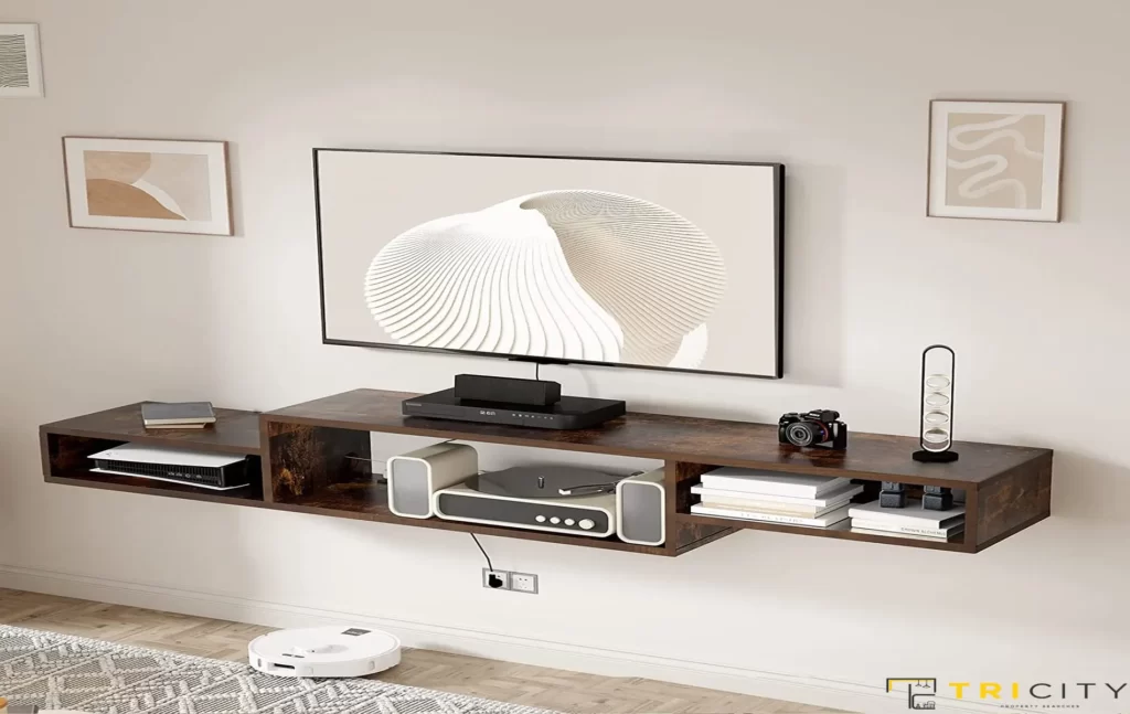 Floating wood TV showcase design