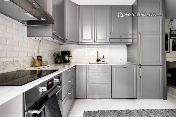 Kitchen Grey Units with Brass