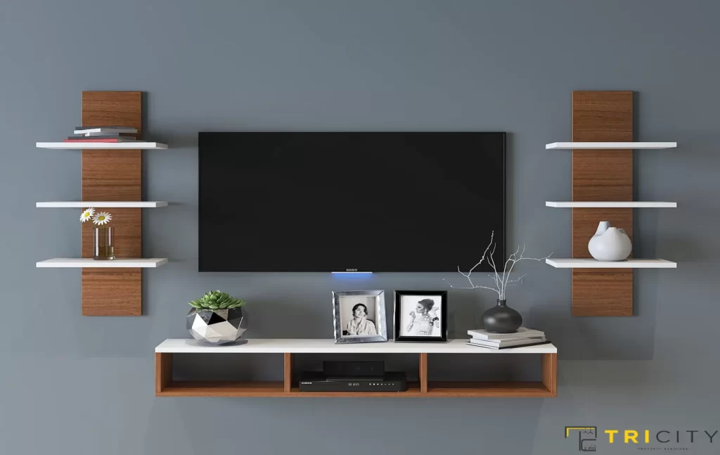 Wall mount wood TV showcase design